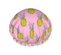 Cuffia da doccia, graziosa cuffia da doccia gialla con ananas rosa da donna, riutilizzabile, impermeabile, cuffia per capelli per doccia, doppio strato elastico per capelli lunghi