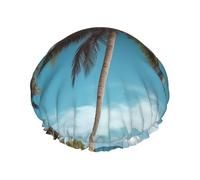 Cuffia da doccia impermeabile a doppio strato con albero di cocco da spiaggia, per donne, riutilizzabile, con fascia elastica, mantiene i capelli asciutti per la doccia e la cura della pelle