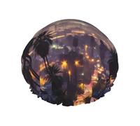 Cuffia da doccia impermeabile a doppio strato con palme di Los Angeles per donne, cappello da bagno riutilizzabile con fascia elastica, mantiene i capelli asciutti per la doccia e la cura della pelle