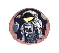 Cuffia da doccia impermeabile a doppio strato con stampa astronauta sulla luna, unisex, riutilizzabile, fascia elastica
