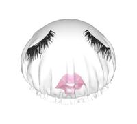 Cuffia da doccia impermeabile a doppio strato con stampa bianca per ciglia e labbra, per donne e uomini, riutilizzabile, fascia elastica