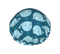 Cuffia da doccia impermeabile a doppio strato con stampa di balene in stile cartone animato, adatta a tutte le lunghezze di capelli (26 x 10,9 cm)