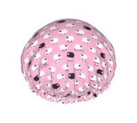 Cuffia da doccia impermeabile a doppio strato con stampa di pecore bianche su sfondo rosa, per donne e uomini, riutilizzabile, con fascia elastica