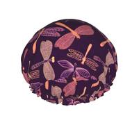 Cuffia da doccia impermeabile a doppio strato con stampa libellula viola da donna e uomo riutilizzabile da bagno con fascia elastica