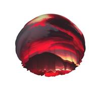 Cuffia da doccia impermeabile a doppio strato con stampa stellata, colore rosso cielo di notte, unisex, riutilizzabile, fascia elastica