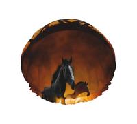 Cuffia da doccia impermeabile con elastico, cuffia da doccia riutilizzabile a doppio strato per donna,Stampa di nuvole rosse luminose con cavalli neri