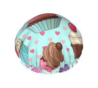 Cuffia da doccia impermeabile con elastico, cuffia da doccia riutilizzabile a doppio strato per donna,Modello di cupcake stampato