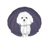 Cuffia da doccia impermeabile con elastico, cuffia da doccia riutilizzabile a doppio strato per donna,Cane Bichon Frise Bianco