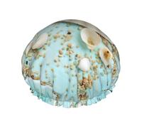 Cuffia da doccia impermeabile, riutilizzabile, oceano, mare, spiaggia, conchiglie, stelle marine, stampa blu, cuffia da bagno elastica a doppio strato, grande cuffia da doccia per capelli lunghi da
