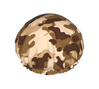 Cuffia da doccia marrone con stampa mimetica per donne e uomini, riutilizzabile, a doppio strato, con fascia elastica, L