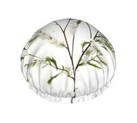 Cuffia da doccia morbida bianca con ramoscello verde vegetale naturale (1) per donne e uomini, cappello riutilizzabile leggero e cuffia per capelli da bagno