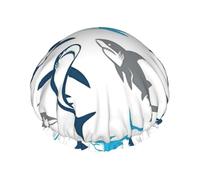 Cuffia da doccia morbida foderata con stampa di squali, doppio strato lavabile, ampia fascia elastica per capelli, cuffia da doccia per vasca da bagno