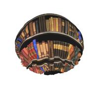 Cuffia da doccia morbida foderata con stampa libreria, doppio strato lavabile, ampia fascia elastica per capelli per vasca da bagno