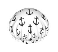 Cuffia da doccia nera con stampa di ancora, da donna, riutilizzabile, a doppio strato, con fascia elastica per capelli lunghi, cuffia da bagno per doccia