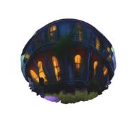 Cuffia da doccia nera con stampa di un palazzo infestato, cuffia da doccia foderata per le donne riutilizzabile, cuffia da bagno impermeabile a doppio strato