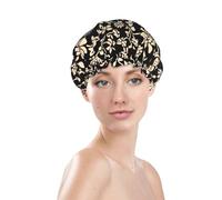Cuffia da doccia nera con stampa floreale, impermeabile, riutilizzabile, per capelli da donna, cuffia elastica a doppio strato per la protezione dei capelli