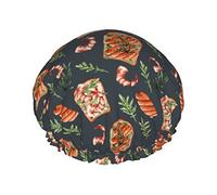 Cuffia da doccia per alimenti per gamberi di carne di salmone Cuffia per capelli lunghi riutilizzabili da donna con fascia elastica Cappello da doccia da bagno a doppio strato per adulti Bambini