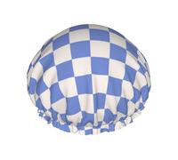 Cuffia da doccia per doccia - blu cielo e bianco a quadri doppio strato riutilizzabile grande cuffia da doccia da donna con fodera in PEVA e corda elastica