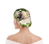 Cuffia da doccia per donne e uomini UK riutilizzabile impermeabile con elastico stampata Carlino Amicizia Bokeh Cani Animali Domestici Amici Carlino