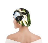 Cuffia da doccia per donne e uomini UK riutilizzabile impermeabile con elastico stampata Mangiare mucche al pascolo estivo