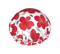 Cuffia da doccia per San Valentino, con stampa di cuori rossi e fiori, doppio strato, traspirante, fascia elastica regolabile, essenziale da viaggio durevole