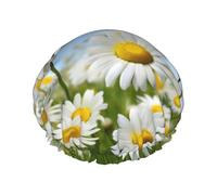 Cuffia da doccia primaverile con margherite per donne e uomini, regolabile, riutilizzabile, a doppio strato, impermeabile, fodera in EVA, fascia elastica per capelli per tutte le lunghezze di capelli