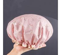 Cuffia da doccia riutilizzabile a doppio strato con design, stampa a cartoni animati in lamina d'oro e fascia elastica, per fare il bagno e proteggere i capelli (rosa)