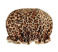 Cuffia da doccia riutilizzabile a doppio strato, impermeabile, a doppio strato, per adulti, per cucina, trucco, per lavare i capelli e fare il bagno (stampa leopardata con finiture rosse)