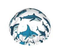 Cuffia da doccia riutilizzabile con motivo squalo con vari gesti stampati, cuffie da doccia da donna con elastico a doppio strato per capelli lunghi