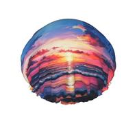 Cuffia da doccia riutilizzabile con palme e tramonto da donna, doppio strato impermeabile, per il trattamento dei capelli