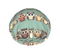 Cuffia da doccia riutilizzabile con stampa di gufi dei cartoni animati, per donne, doppio strato, cuffia per capelli per adulti per tutti i capelli