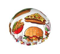 Cuffia da doccia riutilizzabile con stampa fast food per le cuffie da doccia da donna con elastico a doppio strato per bagno lungo dei capelli