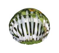 Cuffia da doccia riutilizzabile da donna, impermeabile, a doppio strato, con girasoli, bianco, con picchetto per recinzione, cuffia da doccia per donne, spa e salone, di grandi dimensioni per tutte le