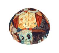 Cuffia da doccia riutilizzabile da donna, impermeabile, a doppio strato, con gufo anime, per saloni spa, grandi dimensioni per tutte le lunghezze di capelli