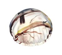 Cuffia da doccia riutilizzabile da donna, impermeabile, a doppio strato, con uccellini che riposano sul ramo di un albero, cappello da doccia per donne, spa salone, grandi dimensioni per tutte le