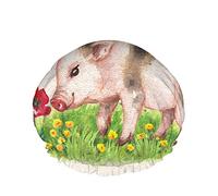 Cuffia da doccia riutilizzabile per animali da fattoria Acquerello Cartone animato Maiale Piggy Pet Papaveri Fiori rossi e gialli Cuffia da doccia grande Cuffia per capelli da doccia, Cuffia da bagn