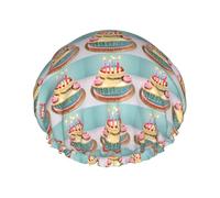 Cuffia da doccia riutilizzabile per donne, con stampa di una torta di buon compleanno, cuffia per capelli a doppio strato, cuffia per capelli per adulti per tutti i capelli