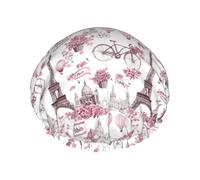 Cuffia da doccia rosa con stampa di scena di Parigi, da donna, riutilizzabile, a doppio strato, con fascia elastica per capelli lunghi, cuffia da bagno per doccia