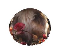 Cuffia da doccia stampata con cani e rose, riutilizzabile, appositamente progettata per i capelli lunghi delle donne, struttura a doppio strato, adatta per il bagno.