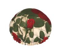 Cuffia da doccia stampata con molte rose rosse, riutilizzabile, appositamente progettata per i capelli lunghi delle donne, struttura a doppio strato, adatta per il bagno.