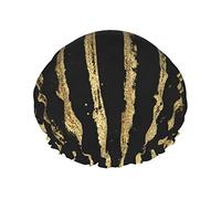 Cuffia da doccia Strisce dorate su sfondo nero Cuffia da bagno riutilizzabile Cappello da doccia elastico da bagno Impermeabile per cappucci per capelli di tutte le lunghezze