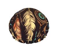 Cuffia da doccia vintage etnica tribale con piume, per donne e uomini, grande, riutilizzabile, a doppio strato, impermeabile, con fascia elastica, per tutte le acconciature, adatta ai viaggi