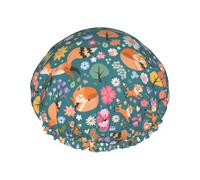 Cuffia da doccia, volpi e uccelli nella foresta cuffia da doccia per donne riutilizzabile impermeabile, cuffia per capelli per doccia, doppio strato elastico cuffia da bagno per capelli lunghi