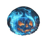 Cuffia da doccia, zucca di Halloween fantasma blu fiamma cuffia da doccia per donne riutilizzabile impermeabile, cuffia per capelli per doccia, doppio strato elastico cuffia da bagno per capelli