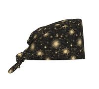 Cuffia da donna e uomo, comoda, morbida, stile bohémien, con stampa dorata con sole e stelle, regolabile, da lavoro, per infermiere, chirurgiche, per donne e uomini, con fascia per il sudore