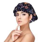 Cuffia da donna in raso con stampa di stelle e luna, per dormire, regolabile, a doppio strato, per capelli ricci