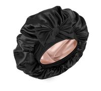 Cuffia da donna in seta, a doppio strato, in raso, con fascia elastica, regolabile, per capelli ricci (nero e champagne)
