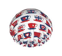 Cuffia da impermeabile per tazza da tè a tema Gran Bretagna, cuffia elastica per capelli da bagno Cuffia da bagno per capelli con protezione ambientale, doppio strato impermeabile Cappello da