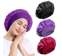 Cuffia da notte in raso, con ampia fascia elastica, fascia in seta, morbida copertura per la testa, per donne e ragazze, capelli ricci, Confezione da 3, rosso, nero, viola, M-L