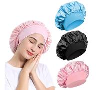 Cuffia da notte in raso, con ampia fascia elastica, fascia in seta, morbida copertura per la testa, per donne e ragazze, capelli ricci, Confezione da 3, rosa, nero, blu, M-L